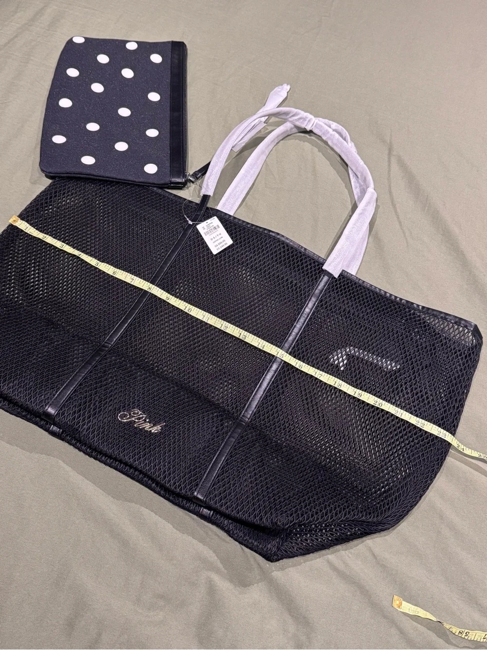 PINK by Victory Secret Black Mesh Tote  with Polka Dot Pouch